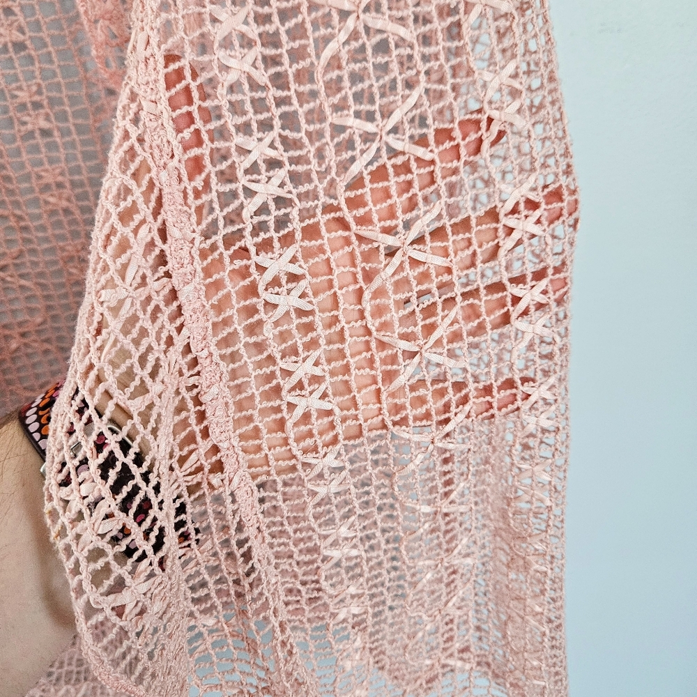 5/$30 Frazzle Light Pink Silky Crochet Ruffle Open Front Coquette Vest Size L - Picture 3 of 5